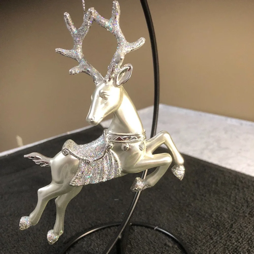 3 ~ Silver Cast Metal Reindeer Ornaments Leaping Prancing Fine Glitter READ